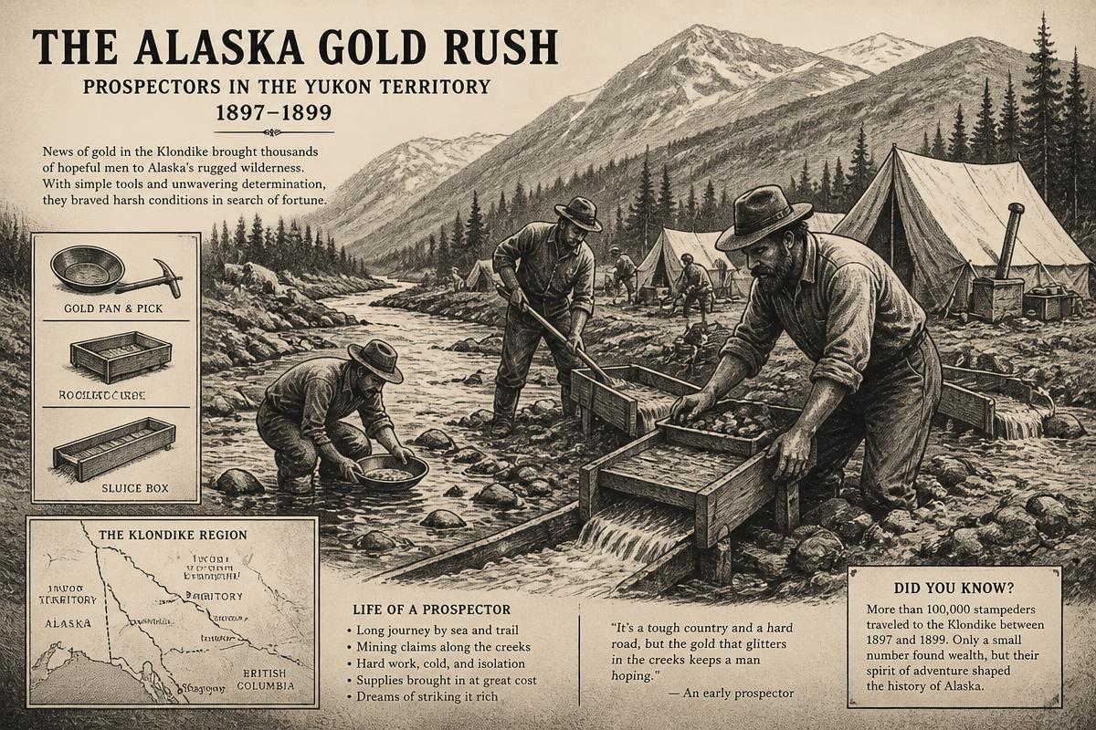 Historical illustration of Alaska Gold Rush prospectors working sluice boxes in a Yukon river valley