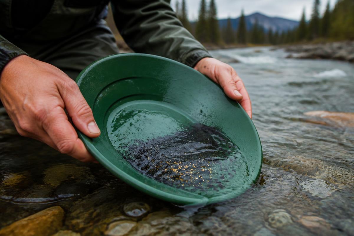 Close-up of hands swirling a green gold pan in an Alaska stream, concentrating black sand and gold flakes